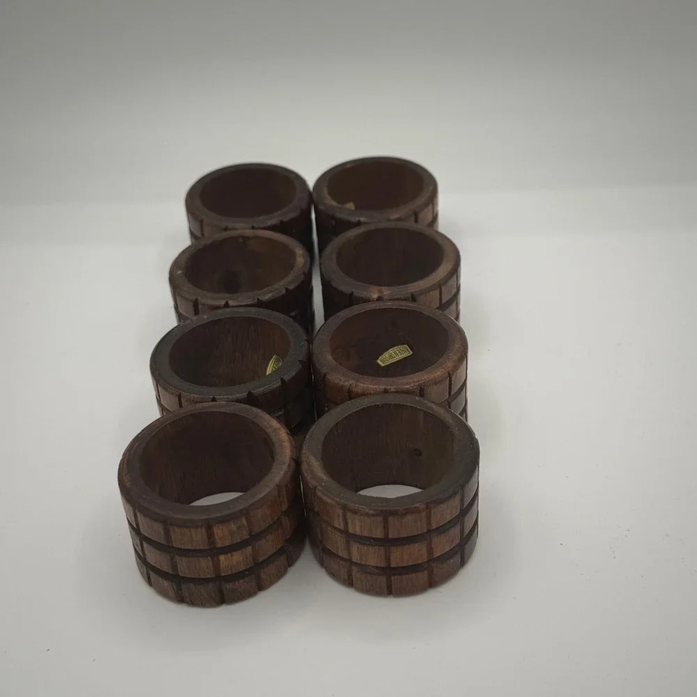 Vintage Dark Wood Napkin Rings Set of 8 Carved Grid Pattern Brown Rustic Decor